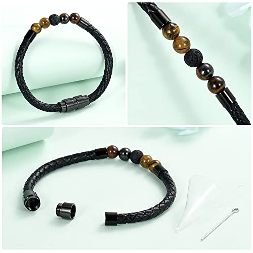 shajwo Cremation Jewelry Lava Stone Urn Bracelet for Ashes for Women Men Chakra Healing Balancing Genuine Leather Memorial Bracelets - color: Black (4 Tiger Eye + 1 Lava Stone)