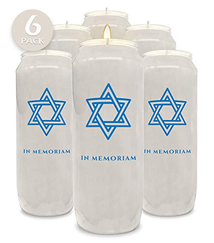 9 Day Memorial Candles, 6 Pack - Plastic Jar with Star of David - 7” Tall Pillar Candles for Religious, Prayer, Party Decor, Vigil and Emergency Use - by Ner Mitzvah - size: 6 Pack