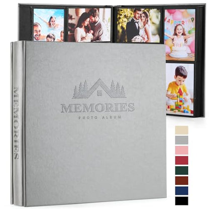 DazSpirit 4x6 Photo Album, 600 Pockets, Leather Cover, Slip-In Pages | Embossed Leather Cover, Extra-Large Memory Book for Wedding, Baby, Anniversary and Family Photos, Grey - color: Grey