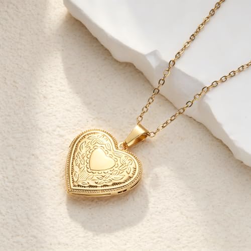 Heart Locket Necklace Pendant Dainty Memorial Keepsake Locket Necklace That Holds Pictures Stainless Steel Heart Photo Box Necklace for Women Lover Mother Father Daughter Son Fashion Jewelry Gifts - color: 01Gold