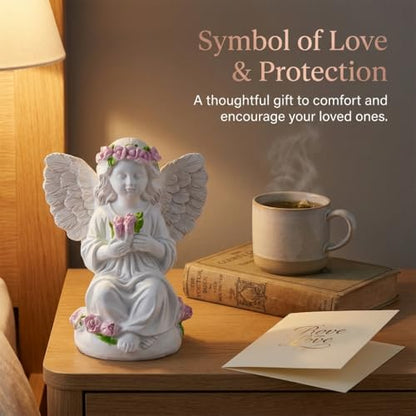 Guardian Angel Statue Angels Figurines with Pink Tulips | Resin Cherub Statue, Outdoor Statues For Garden, Sympathy Guardian Angel Gift, Angel Gifts For Women, Yard Statues - color: Tulip