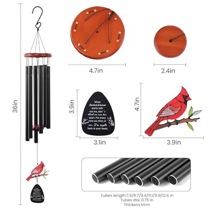 36’’Memorial Wind Chimes for Loss of Loved One, Cardinal Wind Chimes | Sympathy Gifts for Loss of Mother/Dad/Husband for Outside with Mute Option, Sympathy Wind Chimes