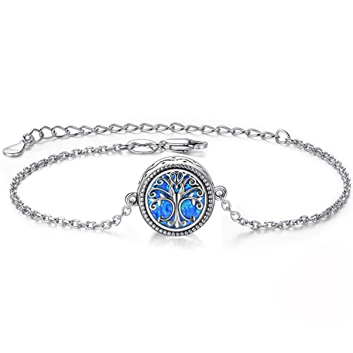 ZOEXUE Infinity/Tree of Life/Rose/Angel Wings/Heart Urn Bracelet for Ashes 925 Sterling Silver Cremation Bracelet for Ashes Keepsake Ashes Urns Jewelry Women Loved Ones - style: blue opal