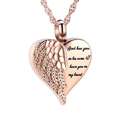 shajwo Cremation Heart Urn Necklace Ashes Jewelry for Women Men Keepsake Pendant Memorial Locket Ash Holder - color: Wing-Rose Gold