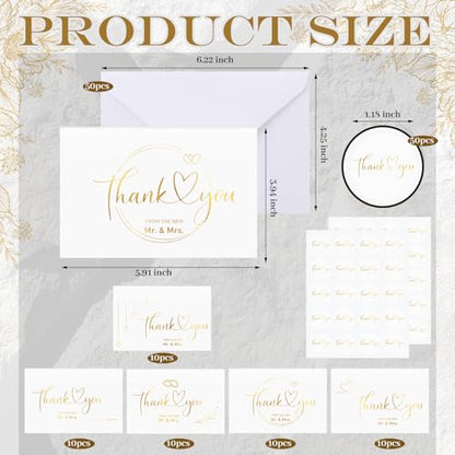 Eaasty 50 Sets Wedding Thank You Cards with Envelopes Stickers, 4x6 Inch - style: Gold Foil Wedding