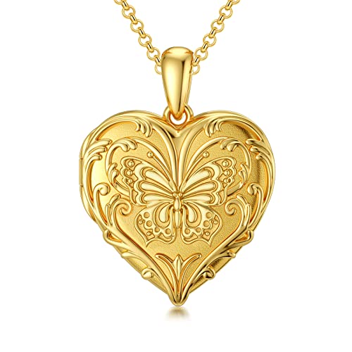SOULMEET 10K 14K 18K Solid Gold Personalized Sunflower/Starburst/Cross/Rose/Lotus/Butterfly/Turtle/Celtic/Bee Heart Locket Necklace That Holds Picture Gift Choice - style: H-Gold plated butterfly locket only