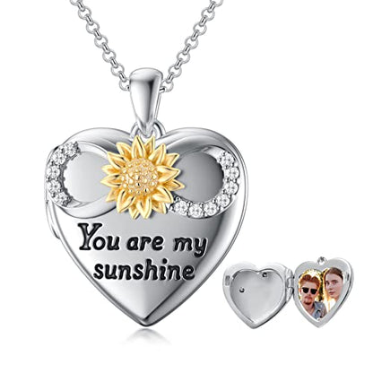 SOULMEET Personalized Silver Locket Necklace That Holds Pictures Photo Keep Someone Near to You, Memorial Custom Lockets Necklaces Letters Engraving for His Her - color: A4-Infinity sunflower-Two tones White+Yellow, style: Locket+Custom Photo