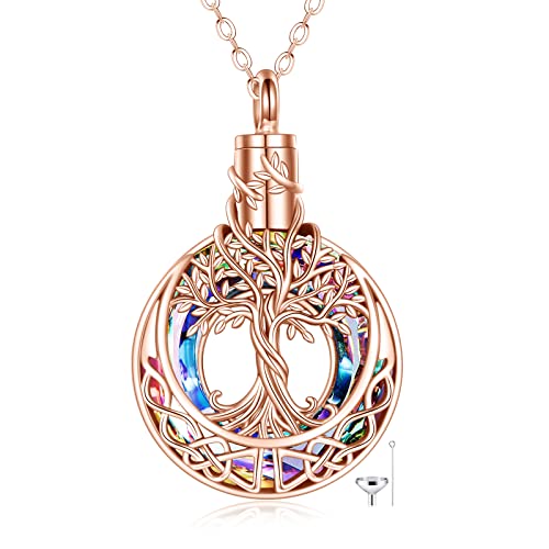 ONEFINITY Tree of Life Urn Necklaces for Ashes 925 Sterling Silver Tree of Life Crystal Cremation Jewelry for Ashes Memory Jewelry for Women Men - style: Rose gold-Purple crystal