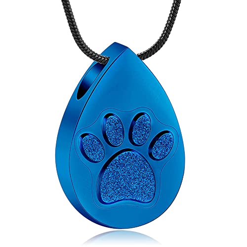 Droplet Shape Cremation Jewelry for Dog/Cat Paw Print for Ashes Keepsake Memorial Urn Pendant Necklace with Stainless Chain and Fill Kits for Men Women - color: Blue