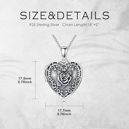 Heart Locket Necklace 925 Sterling Silver Custom Photo Pendant That Holds Pictures Memorial Jewelry Gifts for Women Mom Daughter - color: Rose Flower, style: 3-photo&text customized