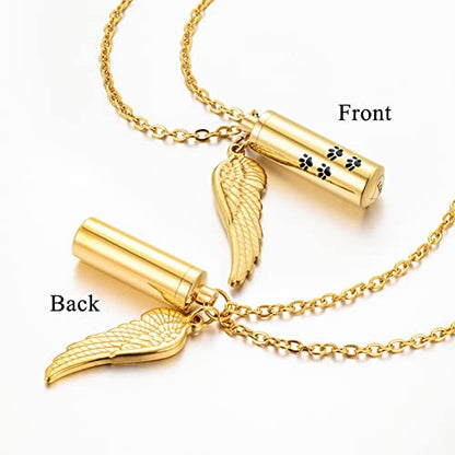 abooxiu Cylinder Cremation Necklace for Pet Ashes Urn Necklace with Angel Wing Pet Paw Ashes Necklace for Dog/Cat Memorial Keepsake Jewelry - color: Gold