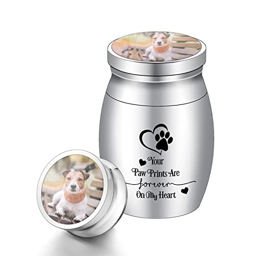 Small Dog Urn 1.57 Inches Mini Cremation Keepsake for Pet Ashes - Tiny Paw Holder for Cat - Your Paw Prints are Forever On My Heart - color: Silver-photo&text-engraving