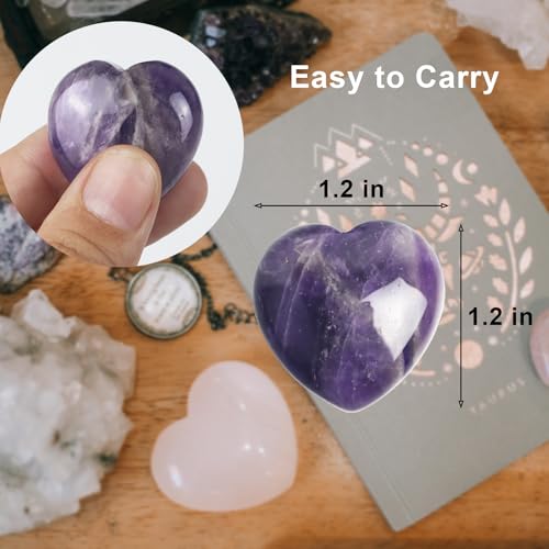 Amethyst Heart Worry Stones, 1.2 Inch, Set of 4 | Polished Heart Crystals, Palm and Pocket Stones, Reiki Meditation Accessories, Love Carved Stones, Crystal Gift Set - color: Amethyst