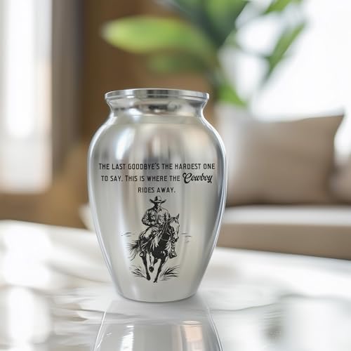 Cowboy Mini Keepsake Urn, Stainless Steel Small Memorial Urn for Human Ashes, Decorative Funeral Urn with Engraved Western Cowboy Boots and Hat with Cross, 2.56" Small Remembrance Vessel