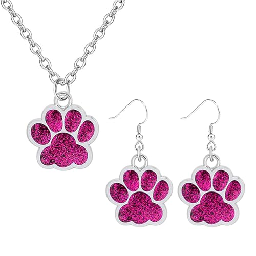 Dreuyet Paw Necklace and Earrings Set for Women Glitter Cute Dog Cat Pet Paw Print Pendant Necklace Earrings Lovely Animal Charm Jewelry Set Gifts - color: Silver Rose
