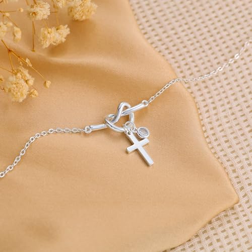 Moodear Cross Bracelet for Women, Dainty Sterling Silver/Gold Plated Gift | Christian Religious Gifts for Teen, Stocking Stuffers, Adjustable Link Bracelets, Sparkling CZ Cross, Non Tarnish Jewelry - color: Silver Knot Cross Bracelet