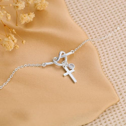 Moodear Cross Bracelet for Women, Dainty Sterling Silver/Gold Plated Gift | Christian Religious Gifts for Teen, Stocking Stuffers, Adjustable Link Bracelets, Sparkling CZ Cross, Non Tarnish Jewelry - color: Silver Knot Cross Bracelet