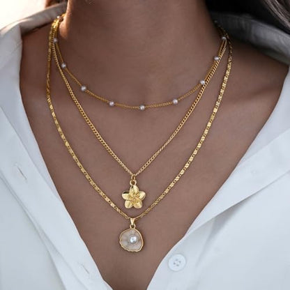 Silver/Gold Plated Angel Wing Pendant Necklace for Women Men | 18K Gold Guardian Angel Wings Feather Necklace Stainless Steel Simple Minimalist Necklaces Birthday Christmas Jewelry Gifts - color: Gold Flower & Pearl