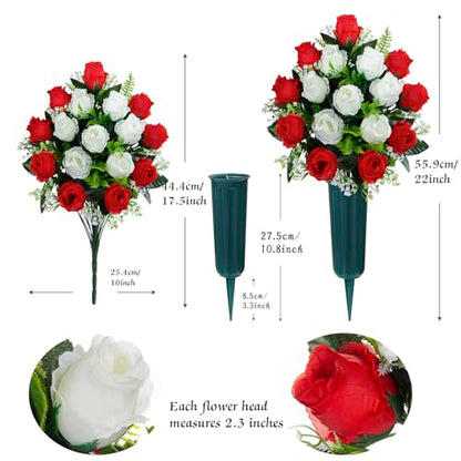 Artificial Cemetery Flowers with Vase, Artificial Headstone Memorial Flowers Rose Bouquet for Graveyard Grave Cemetery Decoration, Set of 2 (Red&White)