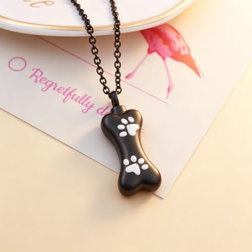 Custom Dog Bone Memorial Pendant Necklace with Paw Print, Stainless Steel Personalized Pet Cremation Jewelry Puppy Animal Urn Pendant Best Friends Friendship Pet Keepsake Gifts Dog Urn Necklace for Ashes for Dog Lovers - color: Black