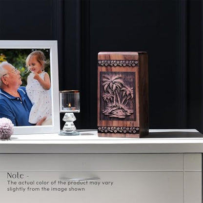 Palm Trees - Wooden Urn - Memorial Urns for Mom & Dad - 10X5.5 Inch - 180 Cubic Inches - Burial Urns for Human Ashes - Human Remains Urn - Burial Urns for Male & Female - Large Cremation Urns