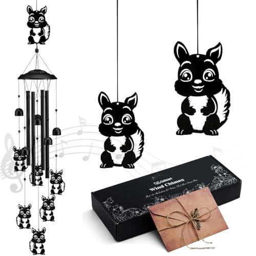 Squirrel Wind Chimes for Outside/Indoors, Squirrel Gifts for Women Mom Grandma, Aluminum Tubes Windchimes S Hook, 37" Wind Chime Hanging Decor for Home Patio Garden Porch Yard (Black-Squirrel) - color: Black-squirrel