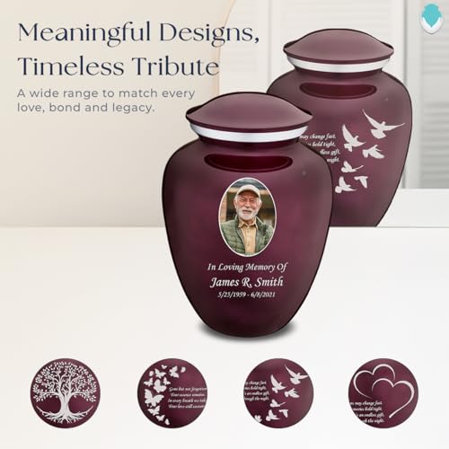 Embrace Adult Personalized Doves Cremation Urns for Human Ashes I Large Picture Cherry Purple Funeral Urn for Adult Men and Women with Double Side Engraving I 200 lbs - color: _Cherry Purple (Double Sided)