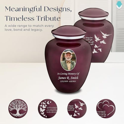 Geturns Embrace Adult Personalized Doves Cremation Urns for Human Ashes I Large Picture Cherry Purple Funeral Urn for Adult Men and Women with Double Side Engraving I 200 lbs - color: _Cherry Purple (Double Sided)