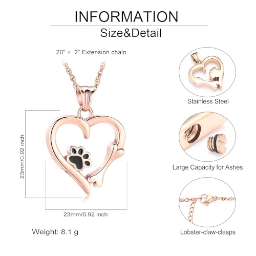 Pet Cremation Jewelry for Ashes Paw Print Pet Heart Urn Necklace Memorial Keepsake Jewelry for Pet/Dog's/Cat's Ashes Pendant - color: Rose gold