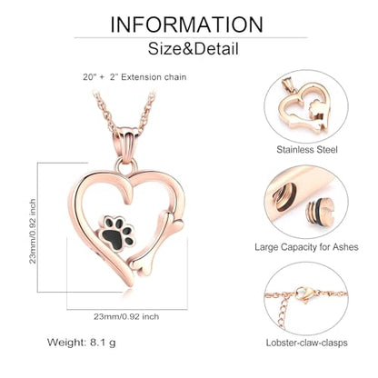 Pet Cremation Jewelry for Ashes Paw Print Pet Heart Urn Necklace Memorial Keepsake Jewelry for Pet/Dog's/Cat's Ashes Pendant - color: Rose gold
