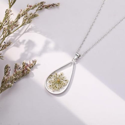 AUNTESIGN Forget-Me-Not and Queen Anne's Lace Pressed Wildflower Necklace | Birth Month Flowers Necklace | Gold/Silver Pressed Flower Jewelry | Mother's Day | Gift For Her - color: 925 Sterling Silver Mustard Seed Necklace