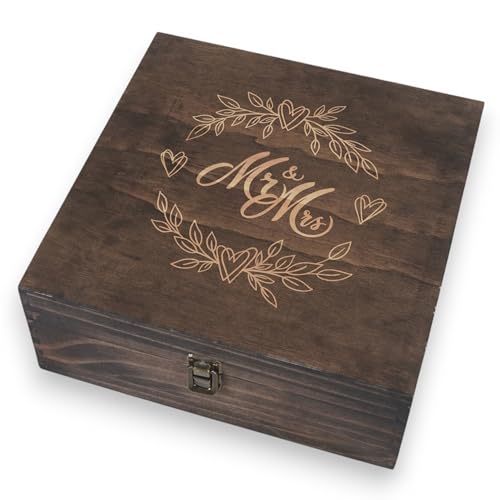 Mr and Mrs Wedding Memory Box- Wooden Keepsake Box with Lid for Couples, Rustic Storage Box for Cards, Photos & Mementos, Anniversary & Engagement Gift- 11.4x11.4x4.5 Inches - size: Large, style: Mr & Mrs