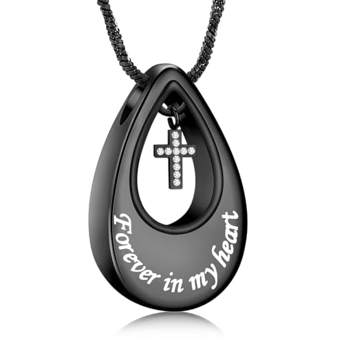 Yinplsmemory Cremation Urn Necklace for Ashes Urn Jewelry Forever in My Heart Stainless Steel Memorial Keepsake Cross Pendant for Human Pet - color: Black