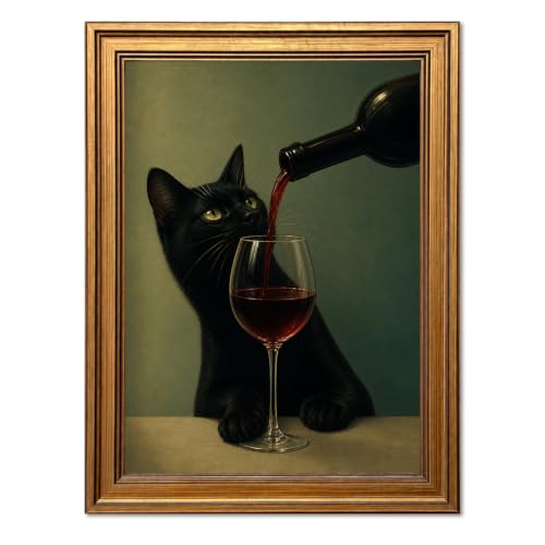 Vintage Gold Framed Funny Black Cat Wall Art, Moody Cat with Wine Pictures Wall Decor, Whimsical Animal Paintings Canvas Prints Eclectic Home Decor for Living Room Bar Office 16X24 Inch - color: Black Cat, size: 24"L x 16"W