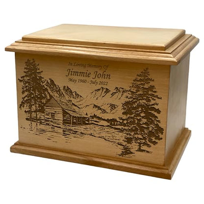 Wooden Urn for Human Ashes, Large Funeral Cremation Urn with Personlaization and Multiple Designs (Valley Cabin)