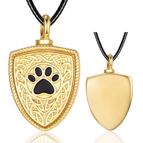 Dreamboat Pet Urn Necklace for Dog Cat Ashes 925 Sterling Silver Paw Print Cremation Keepsake Pendant Celtic Knot Memorial Jewelry Gifts for Women Men - style: 02D-Shield (Gold Personalized)