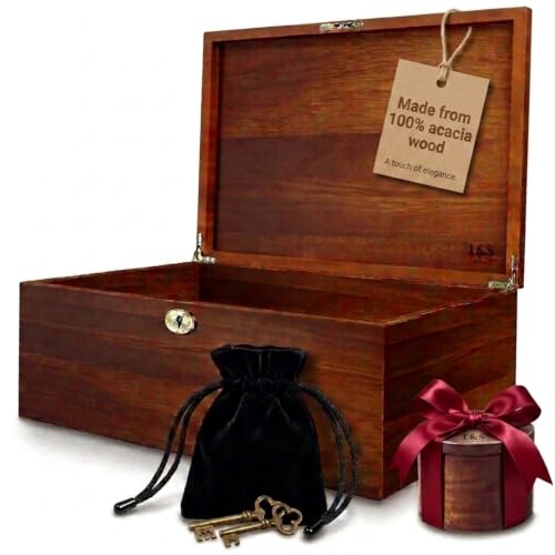 LUSH & STYLE Large Memory Box For Keepsakes Acacia Wood, Decorative Boxes With Hinged lid and locking key, Memory treasure Wood Trunk, Wooden Storage Box, Wooden Gift Chest. Size: 11x9x5 Inch - style: Cottage