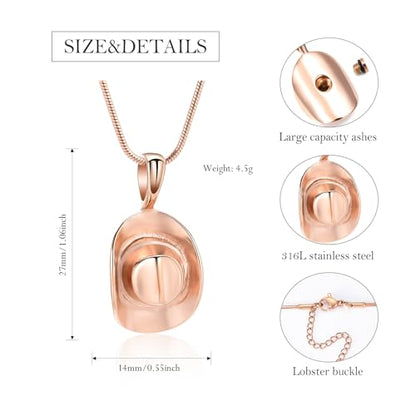 Hearbeingt Cowboy Hat Urn Necklace for Ashes Cremation Jewelry - color: Rose Gold