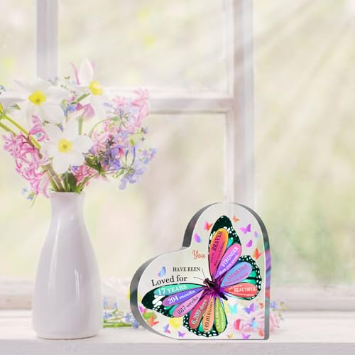 17th Birthday Acrylic Sign, 4" x 4" Butterfly Birthday Sign, Heart-Shaped, Multi-Color, Tabletop Decor - style: 17th Birthday
