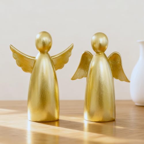 OwMell Set of 2 Cherub Angels Resin Statue Figurine, Indoor Home Decoration - color: Minimalist Gold