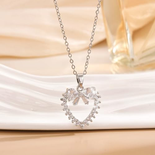 Bow Heart Pendent Pendant Necklace for Women White Crystal Necklace Dainty Silver Plated Necklace Bow Jewelry with Zirconia, Heart Choker Necklaces for Her Gifts - style: White heart