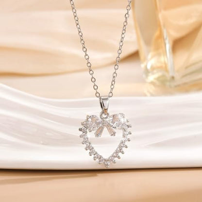 Bow Heart Pendent Pendant Necklace for Women White Crystal Necklace Dainty Silver Plated Necklace Bow Jewelry with Zirconia, Heart Choker Necklaces for Her Gifts - style: White heart