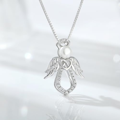 925 Sterling Silver Guardian Angel Pendant Necklace for Women with Birthstone Cubic Zirconia Little Angel Pendant Necklace Jewelry 18 inch Chain - color: 14-pearl-silver
