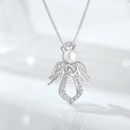 925 Sterling Silver Guardian Angel Pendant Necklace for Women with Birthstone Cubic Zirconia Little Angel Pendant Necklace Jewelry 18 inch Chain - color: 14-pearl-silver