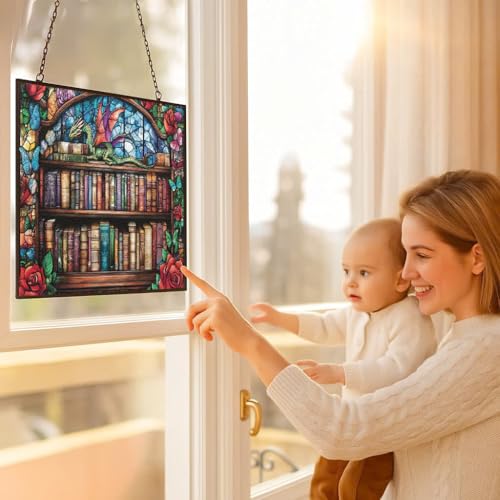 Customized Rectangle Whimsical Dragon On Bookshelves Stained Glass Suncatcher Stained Glass Window Hangings Birthday Gift for Mom Grandma Teacher Women Friend Christmas - color: Whimsical Dragon on Bookshelves 2, size: 9.4x7.1 IN