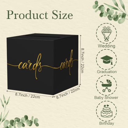 Black Card Box with Gold Foil Design, Paperboard 8.7" Gift Card Holder for Wedding Graduation Birthday Party Reception Retirement Anniversary Bridal & Baby Shower - color: Black Card Box with Gold Foil, size: 8.7×8.7×8.7Inch(1 Pack)