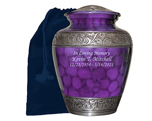 NWA Customized Cremation Urn, Adult Human Funeral Cremation Urn, Beautiful Purple Urn with Matching Keepsake, Personalization, and Velvet Bag