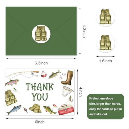 FYSUIMU 24Pcs Fishing Thank You Cards Fishing Rod Fishnet Note Card with Envelopes Stickers Green Blank Greeting Card for Fish Party Birthday Supplies - style: Fishing Rod