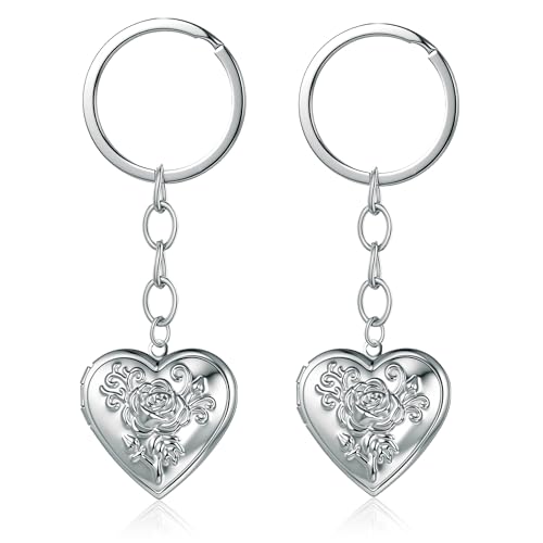 2PCS Elegant Heart Locket Keychain with Decorative Chain Stainless steel, Heart Pattern Design, Photo Frame Pendant - color: Heart-8