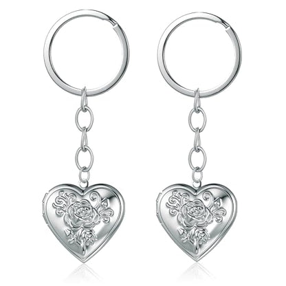 2PCS Elegant Heart Locket Keychain with Decorative Chain Stainless steel, Heart Pattern Design, Photo Frame Pendant - color: Heart-8